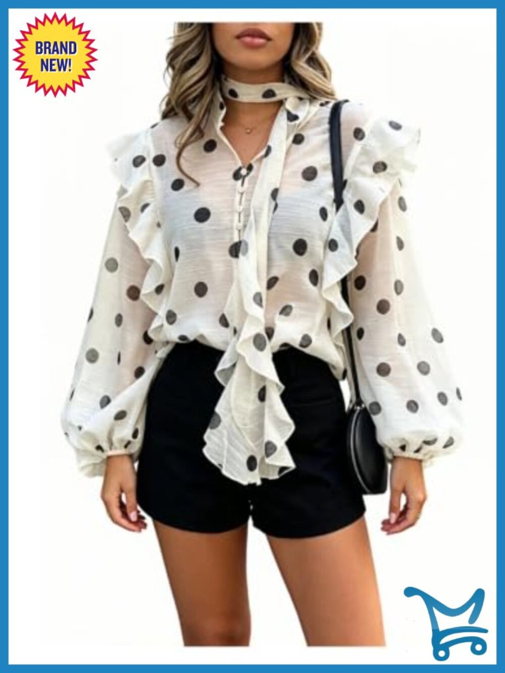 SHENHE Women's Polka Dots Chiffon Blouse Button Up Lantern Sleeve Sheer Top
